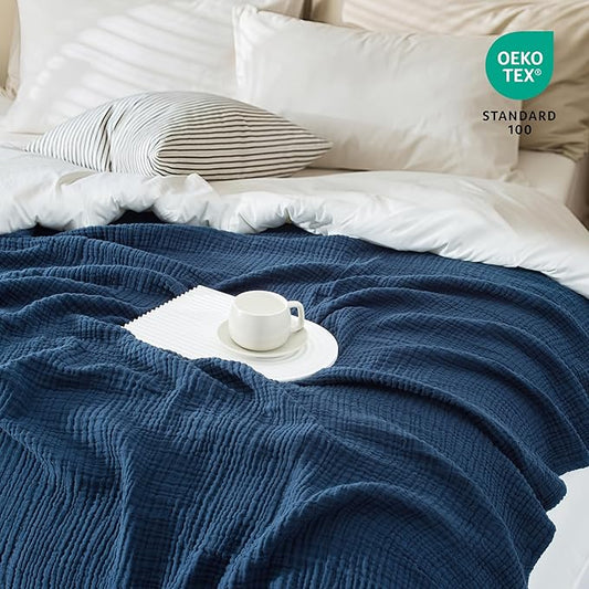 Carriediosa 100% Cotton Muslin Throw Blanket 70" X 80" Twin Size，4-Layers Summer Gauze Throws for Bed Couch，Soft Lightweight Breathable Linen Blankets Bedspread for Adults All Season，Navy Blue