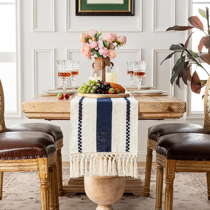 Fancy Homi Navy Blue Table Runner 48 Inches Long Boho Macrame Table Runner for Home Decor, Farmhouse Table Runners with Tassels for Party Bohemian Rustic Bridal Shower Dining Decor 12x48 Inches