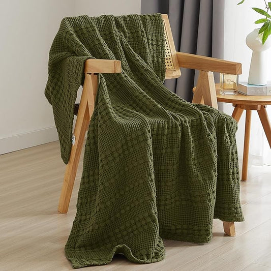 PHF 100% Cotton Waffle Weave Throw Blanket, Soft Lightweight Breathable Cozy Summer Throws for Couch Bed Sofa, Luxury Aesthetic Woven Blanket for Home Decor & Office, 50"x60", Capulet Olive