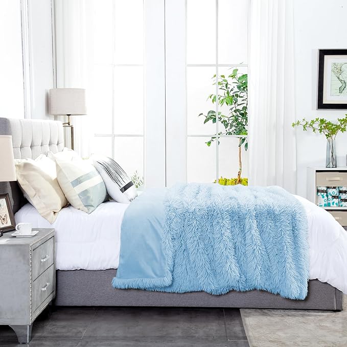 JONIYEAR Oversized Decorative Fluffy Faux Fur Throw Blanket Twin Size 60" x 71",Soft Large Luxury Lightweight Furry Blanket,Accent Cozy Shaggy Plush Thick Warm Fuzzy Blankets for Winter Bed Couch,Blue