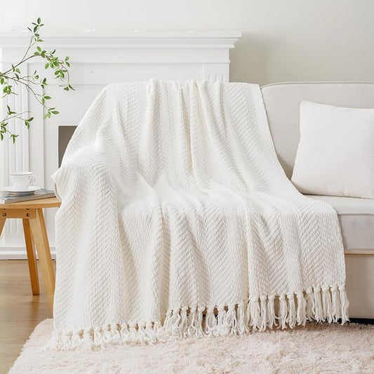 BATTILO HOME Cream White Throw Blanket for Couch, Ivory Throw Blanket for Bed, Warm Decorative White Blanket Throw for Home Decor, 50" x 60"