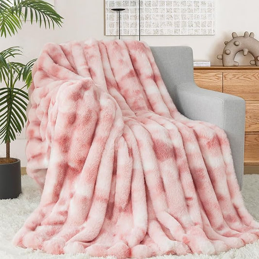Touchat Luxury Faux Rabbit Fur Throw Blanket for Couch, Super Heavy Warm Cozy Blanket for Sofa Bedroom Living Room, Ultra Soft Fluffy Reversible Plush Blanket for Home Decor Gifts, Tie-dye Pink