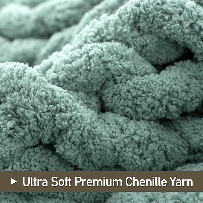 Chunky Knit Throw Blanket 60"X 80", 100% Handmade with Soft Chenille Yarn, 6.7lbs Thick Cable Knitted Blankets, Large Rope Knot Crochet Throws for Couch Sofa Bed Home Decor, Sage Green
