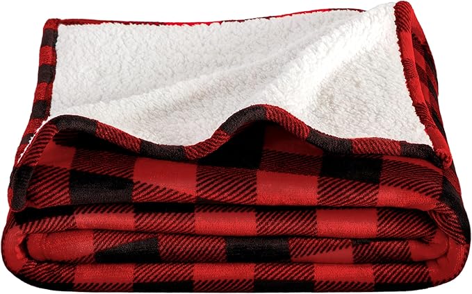Bare Home Sherpa Fleece Blanket - King Size - Blanket for Bed, Sofa, and Couch - Warm & Lightweight - Fluffy & Soft - Reversible (King, Buffalo Plaid - Red/Black)