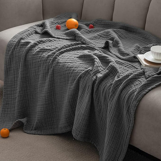 PHF 100% Cotton Muslin Blanket Twin Size 66" x 90", 4-Layer Lightweight and Breathable Blanket for Summer, Luxuriously Soft Gauze Bedding for Bed, Natural Minimalism Style, Ideal Gift, Greyish Black