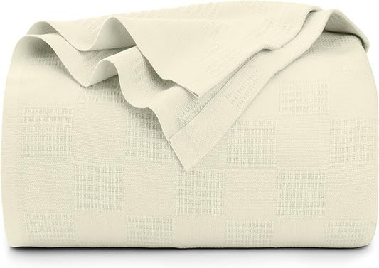 Utopia Bedding Ivory 100% Cotton Blanket [Twin Size - 90x72 Inch] 350GSM Lightweight, Soft and Breathable Thermal Blanket for All Seasons