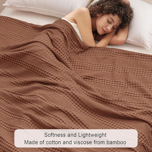 PHF Cooling Waffle Blanket Twin Size, Lightweight 60% Rayon Derived from Bamboo & 40% Cotton Breathable Blanket for Hot Sleepers, Soft and Luxury for Bed Couch and Sofa, 66"x90", Burnt Umber
