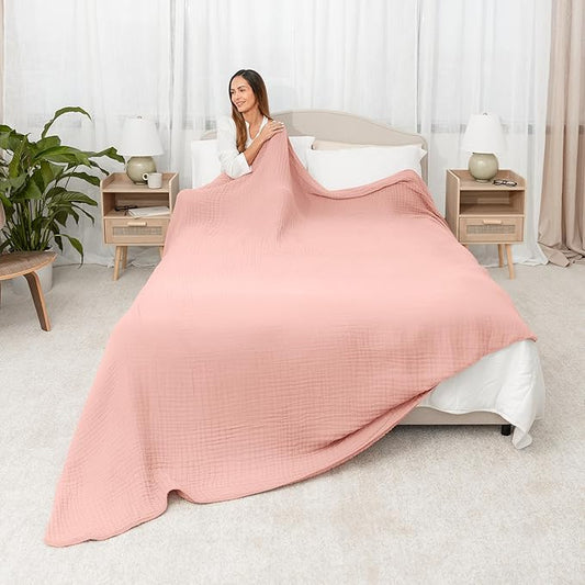 Comfy Cubs Muslin Blanket for Adults Queen 90" x 90" - 6 Layer Soft, Breathable & Lightweight Muslin Adult Blanket - Machine Washable & Designed in The US Bedding for All Seasons - Lace Pink