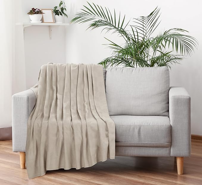 Utopia Bedding Khaki 100% Cotton Blanket [Throw Size - 60x50 Inch] 350GSM Lightweight, Soft and Breathable Thermal Blanket for All Seasons
