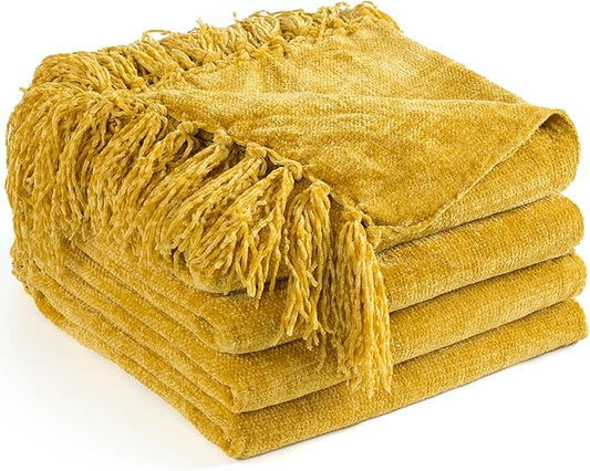 Chenille Throw Blanket for Couch 50"X 60", Soft Cozy Throws with Fringe Tassel for Bed Sofa Chair, Lightweight Knitted Decorative Farmhouse Boho Blankets for Gift, Yellow
