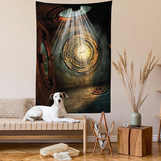 Ambesonne Fantasy Tapestry, Fantasy Scenery with Clock Dream Sky Rays from the Ceiling Fictional Art, Fabric Wall Hanging Decor for Bedroom Living Room Dorm, 30" X 45", Teal Brown