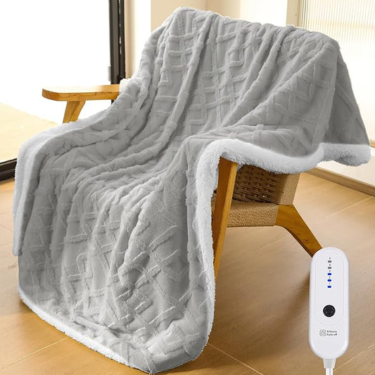 ESTINGO Faux Fur Electric Throw Blanket, Luxury Furry Throw Heated Blanket, 3D Geometric Pattern Thick Rabbit Fux Fluffy Heating Blanket with 5 Heating Levels & 4 Hours Auto Off, 50" x 60" Light Gray