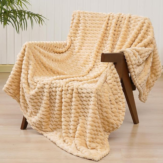 PHF Ultra Soft Flannel Fleece Throw Blanket, Lightweight 3D Jacquard Fleece Blanket, No Shedding, No Pilling, Luxury 340GSM Aesthetic Fluffy Cozy Throws for Couch Room Decor, 50"x60", Beige