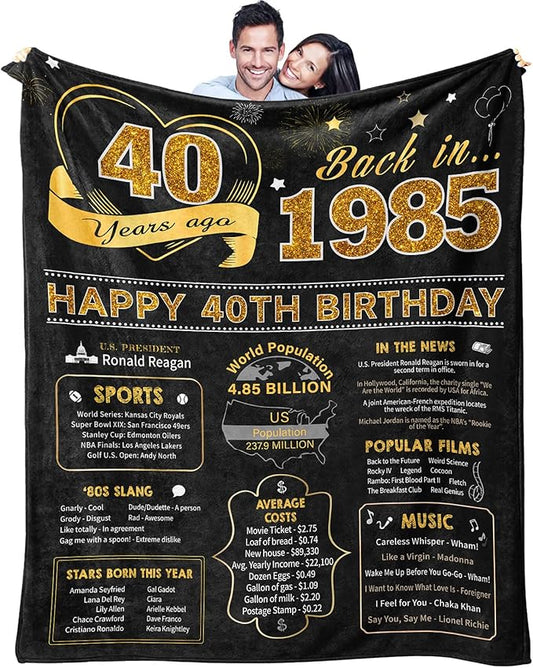 40th Birthday Gifts Women Men, 40 Year Old Birthday Gifts for Women Men, 40th Bday Gift Ideas Throw Blanket 60 x 50 Inch, 1985 Bday Gift for Woman Man, 40 Yr Old/Forty Presents for Female Male