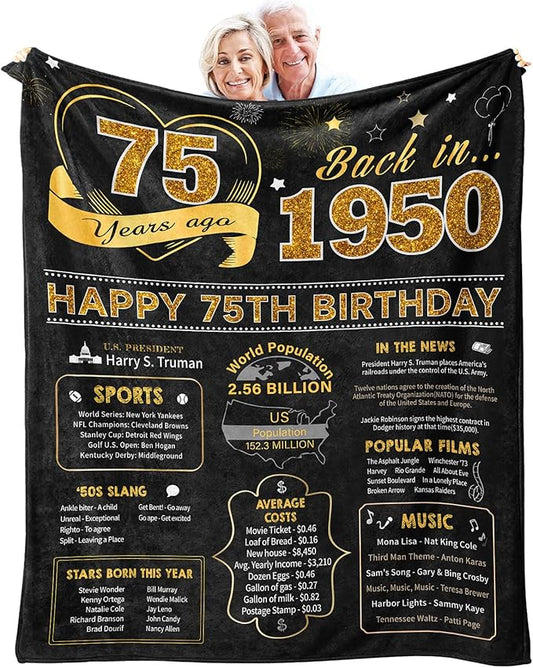 75th Birthday Gifts for Women Men, Birthday Gifts for 75 Year Old Woman Man, Women/Men 75 Year Old Birthday Gifts, 1950 Birthday Gifts for Men Women, 75th Birthday Gift Ideas Throw Blanket 60x50 Inch