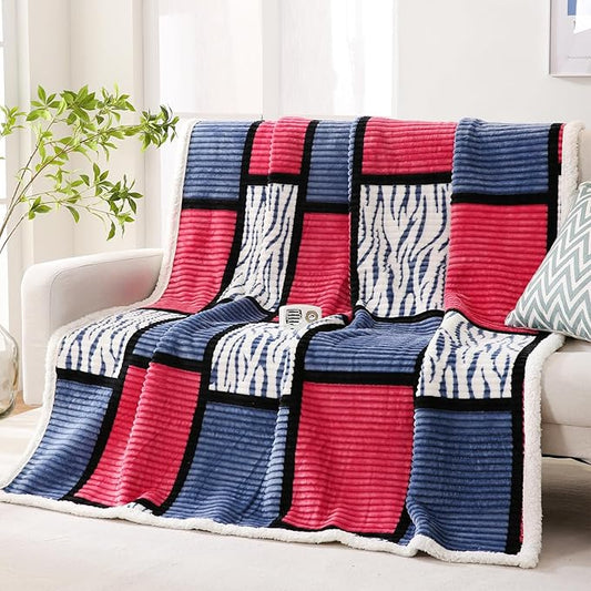 PU MEI Sherpa Blanket Fleece Throw Blanket Twin Plaid Thick Bed Blanket, Soft Warm Cozy Throw Blanket, 60”*80” Zabra-Navy Pink