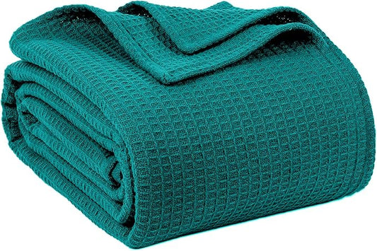 100% Cotton Blankets Queen Size for Bed - Waffle Weave Blankets for Summer, Lightweight and Breathable Soft Woven Blanket for Spring, (Teal, Queen (90" x 90"))