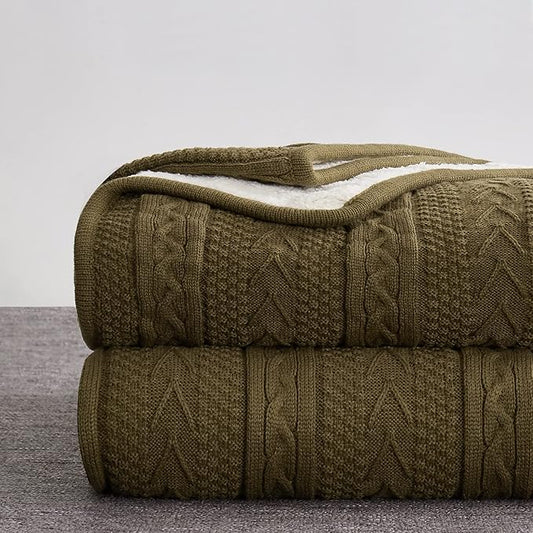 Longhui bedding Dark Brown Acrylic Cable Knit Sherpa Throw Blanket - Thick, Soft, Big, Cozy Knitted Fleece Blankets for Couch, Sofa, Bed - Large 60 x 80 Inches Coverlet All Season