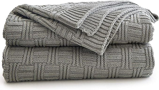 Longhui bedding Cotton Gray Cable Knit Throw Blanket for Couch Chairs Bed Beach, Home Decorative Grey Knitted Blanket, 50 x 60 Inch with a Washing Bag,Silk Bow Tie Package