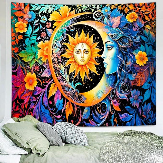 Delur Sun and Moon Tapestry Boho Mystic Floral Hippie Flower Plants Tapestry Vintage Aesthetic Psychedelic Abstract Wall Hanging Headboard for Bedroom Living Room Home Decor (59.1" x 78.7")