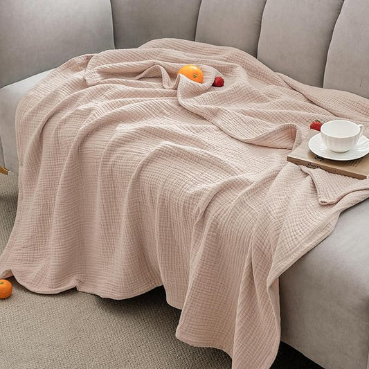 PHF 100% Cotton Muslin Blanket Queen Size 90" x 90", 4-Layer Lightweight and Breathable Blanket for Summer, Luxuriously Soft Gauze Bedding for Bed, Natural Minimalism Style, Ideal Gift, Light Pink