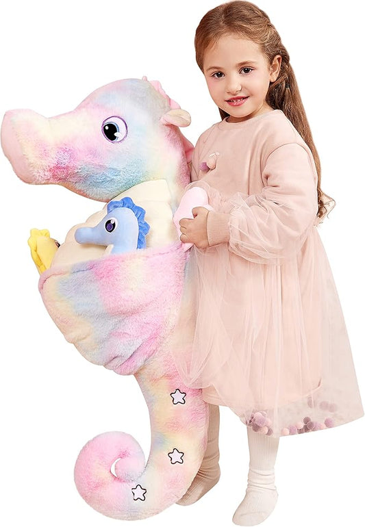IKASA Giant Seahorse Stuffed Animal Plush Toy,30" Large Sea Horse Cute Jumbo Soft Toys,Huge Big Size Plushy Plushie with Two Babies,Gifts for Kids