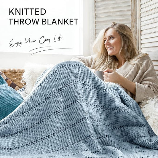 RECYCO Cable Knit Blue Throw Blanket Twin Size for Couch, Super Soft Warm Cozy Decorative Knitted Throw Blanket 3.6LB for Bed, Sofa, Chair Large 60"x80"