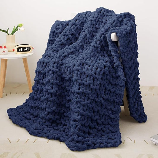 Knit Blanket 40"x50" Navy Blue Cream Soft Washable Chenille Throw Blanket Cozy 100% Handmade Crochet Blankets with Jumbo Chenille Yarn for Couch Bed Sofa Room Decor