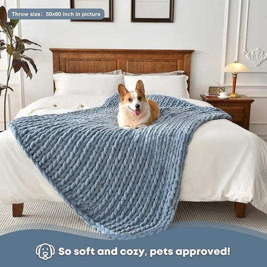 Soft Chunky Knit Blanket, 50X60 in Handmade Thick Chenille Yarn Throw Without Shedding & Raveling, Aesthetic & Cozy Home Decor with Couch Sofa Bed, Gift Pack, Airy Blue