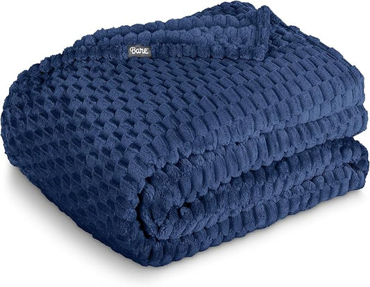 Bare Home Textured Fleece Microplush Blanket - King - Lightweight Throw for Bed, Sofa, Couch, Movie Night, Camping, and Travel - Ultra Soft Warm Blanket (King, Waffle Dark Blue)