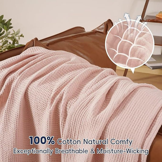 PHF 100% Cotton Waffle Muslin Throw Blanket Large 50" x 70", Lightweight and Breathable Washed Cotton Blanket, Aesthetic Soft Muslin Waffle Bedding for Sofa Bed Home Decor, Rose Smoke