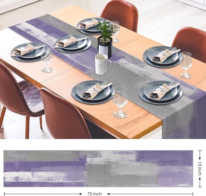Emvency Farmhouse Table Runner, Vintage Purple Grey Abstract Art Painting for Kitchen Coffee Table Family Dinners Holiday Parties Wedding Events Decor(13x72 inch)