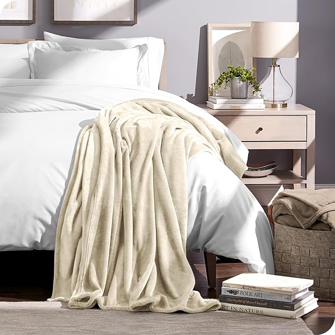 Bare Home Fleece Microplush Blanket - Lightweight Throw for Bed, Sofa, Couch, Movie Night, Camping, Gifts, and Travel - Ultra Soft Warm Blanket (Throw/Travel, Oyster)