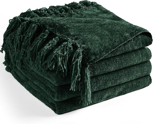 Chenille Throw Blanket for Couch 60"X 80" Twin, Soft Cozy Throws with Fringe Tassel for Bed Sofa Chair, Lightweight Knitted Decorative Farmhouse Boho Blankets for Gift, Dark Green