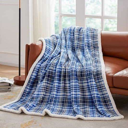 Touchat Sherpa Plaid Throw Blanket(60" X 70", Plaid Blue), Fuzzy Fluffy Cozy Soft Blanket, Fleece Flannel Plush Twin Size Microfiber Blanket for Couch Bed Sofa