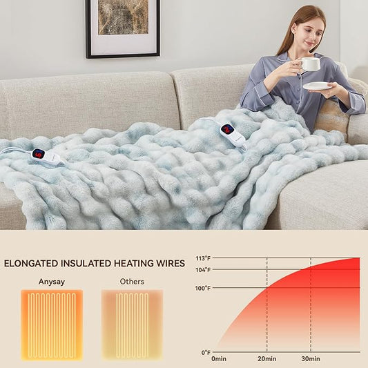Heated Blanket Throw with 1/2/4/6/8 Hours Auto-Off 10 Heat Level, 90'' * 100'' Cozy Faux Rabbit Fur Bubble Electric Blanket with Overheat Protection(Blue)