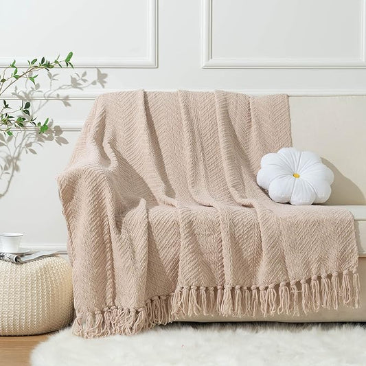 BATTILO HOME Beige Throw Blanket for Couch, Knitted Beige Blanket for Bed, Neutral Throw Blanket Warm Decorative Tan Throw Blankets for Sofa Living Room, 50" x 60"