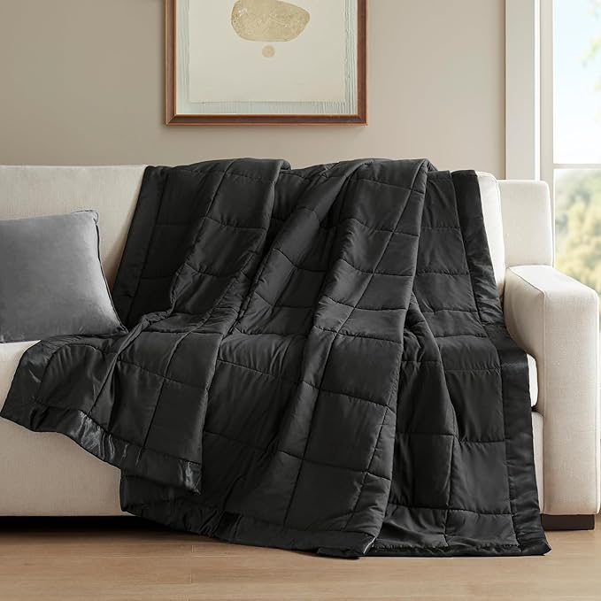 Madison Park Ultra-Soft Microfiber Blanket, Box Quilting with Satin Binding, All Season & Lightweight Summer Blanket for Bed, Couch & Sofa, Full/Queen, Black