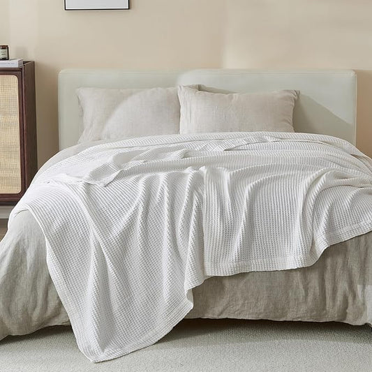 100% Cotton Blanket for King Size Bed - White Waffle Weave Lightweight Summer Bed Blanket - 102x90in Prewashed Breathable, Woven, Layering Blanket (King, White)