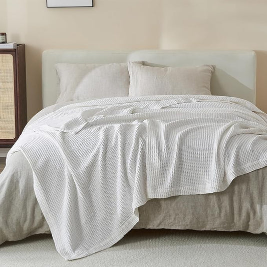100% Cotton Waffle Weave Throw Blanket - White Waffle Weave Lightweight Summer Throw Blanket - 50x60in Prewashed Breathable, Woven Throw for Couch, Bed or Office (White)