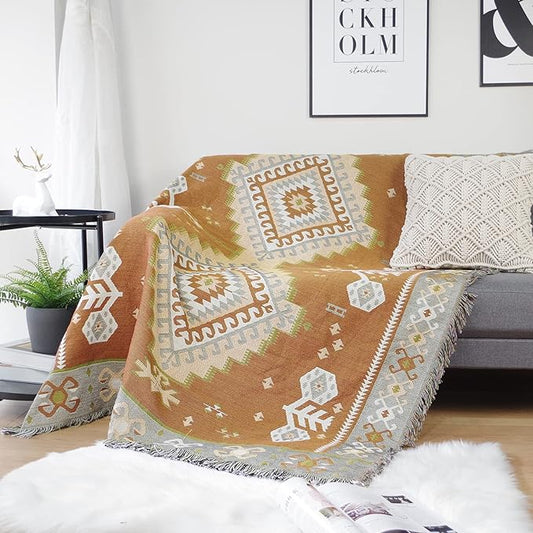 Luxlovery Bohemian Sofa Throw Blankets Dusty Yellow and Grey Woven Boho Hippie Tribal Boho Aztec Throw Blanket for Couch Bed Throws Oversized Chair Sofa Cover with Tassels(63"x102")