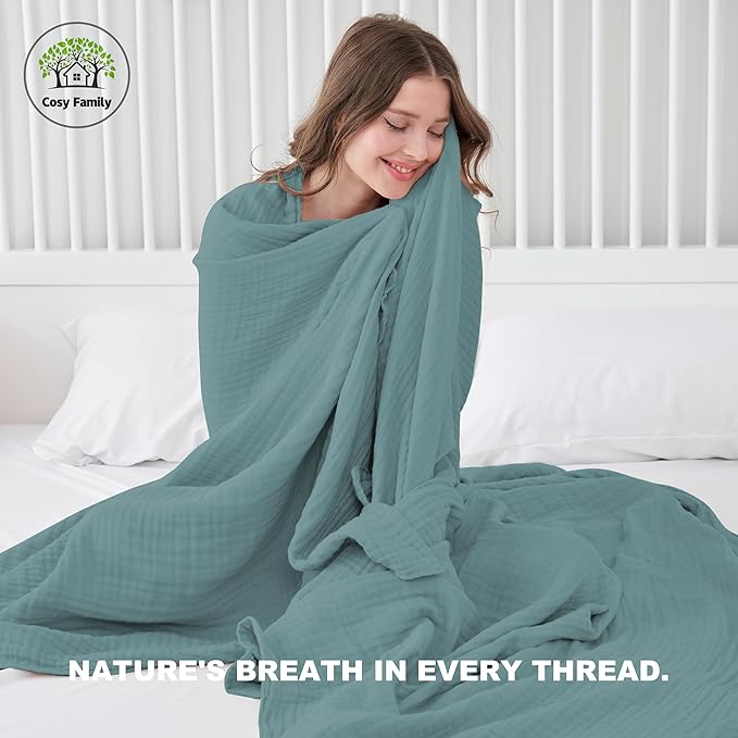 Cosy Family 6 Layer Muslin Bed Blanket - Breathable and Lightweight Gauze Boho Blanket for Spring, Soft 100% Cotton Muslin, Green, 55x80 Inches
