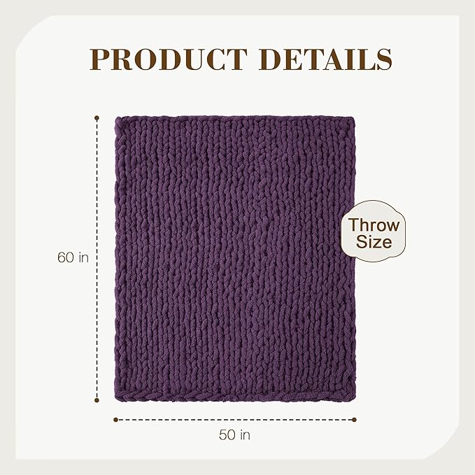 Carriediosa Chunky Knit Throw Blanket 50" X 60", 100% Hand Made Large Chenille Loop Yarn Soft Fluffy Throws for Couch Sofa Bed, Big Crochet Cozy Heavy Thick Cable Woven Blanket, Dark Purple