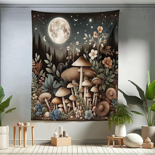 Ambesonne Aesthetic Tapestry Twin Size, Night Forest Scene with Boho Nature Mushroom Leaves Stars and Full Moon, Wall Hanging Bedspread Bed Cover Wall Decor, 68" X 88", Sepia and Grey Teal
