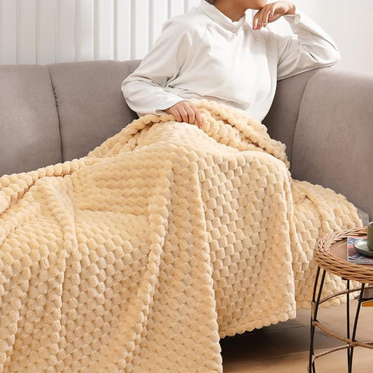 PHF Ultra Soft Flannel Fleece Throw Blanket, Lightweight 3D Jacquard Fleece Blanket, No Shedding, No Pilling, Luxury 340GSM Aesthetic Fluffy Cozy Throws for Couch Room Decor, 50"x60", Beige