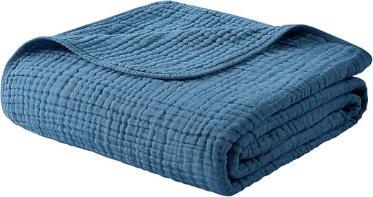 Yoofoss Muslin Blanket 100% Cotton Throw Large 50" x 60" for Bed Couch Summer Gauze Blanket for Adults Lightweight and Breathable Dark Blue