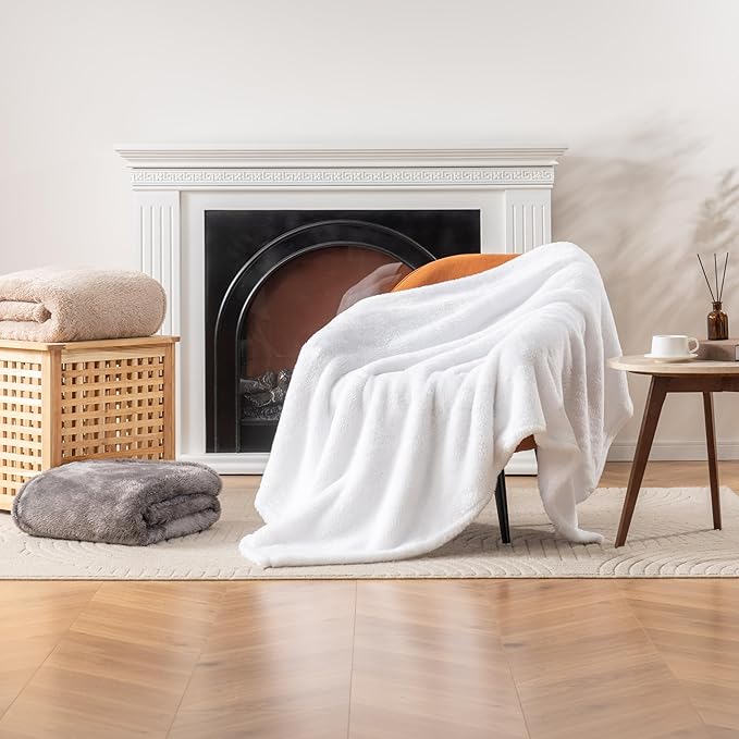 Berkshire Blanket Classic Extra-Fluffy™ Plush Blanket Queen Size, Soft Fuzzy Fluffy Long Hair Blanket for Couch Sofa Bed, True White, 90x90 Inches