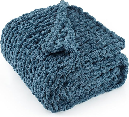 Chunky Knit Throw Blanket 50"X 60", 100% Handmade with Soft Chenille Yarn, 4.4lbs Thick Cable Knitted Blankets, Large Rope Knot Crochet Throws for Couch Sofa Bed Home Decor, Mineral Blue