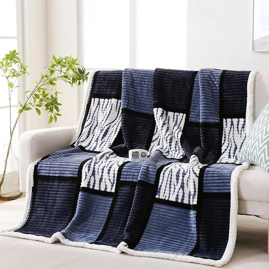 PU MEI Sherpa Blanket Fleece Throw Blanket Queen Plaid Thick Bed Blanket, Soft Warm Cozy Throw Blanket, 80”*90” Zebra-Blue
