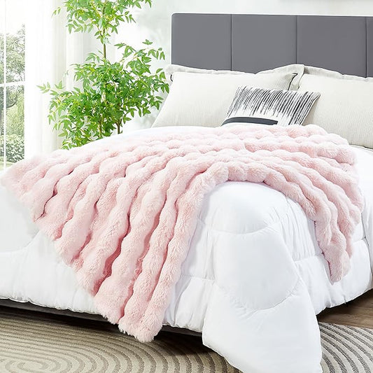 JONIYEAR Decorative Bubble Faux Rabbit Faux Fur Blanket Twin Size 60" x 70", Oversized Soft Double Sided Cozy Thick Warm Fuzzy Throw for Winter,Lovely Cute Washable Furry Blankets for Women Girl, Pink